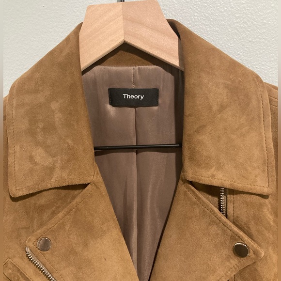 Theory Cropped Lambskin Suede Leather Moto Jacket in Caramel Sz S - Picture 3 of 14